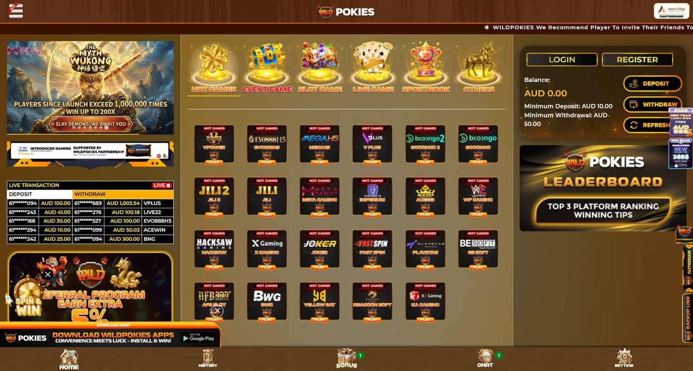 The Play Wild Pokies lobby — pokies, live dealer and table games for Australian players